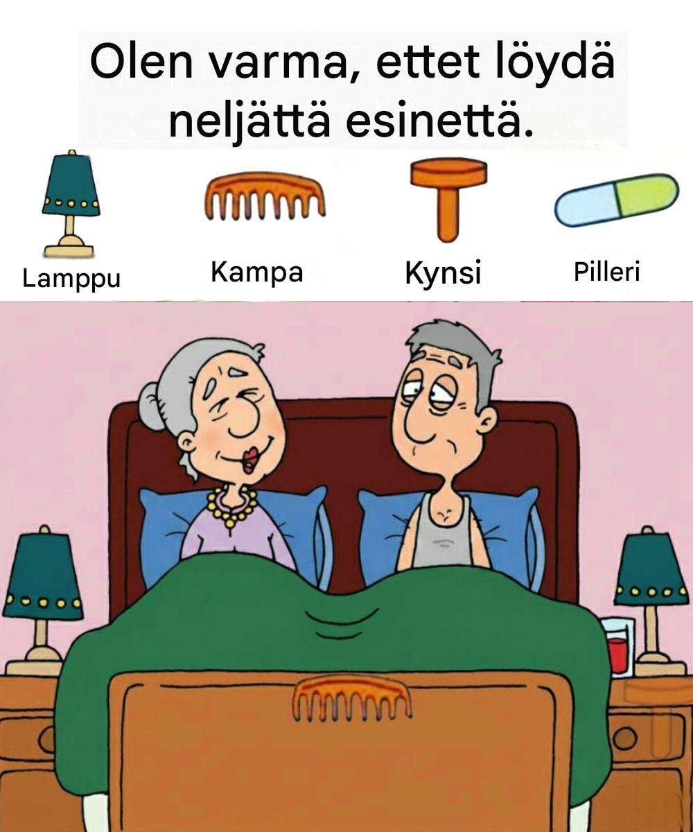 Etsi lamppu, kampa, naula, pilleri.