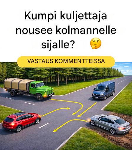 Kuka ohittaa kolmannella vaihteella tässä risteyksessä? Looginen ansa jopa kokeneille kuljettajille.