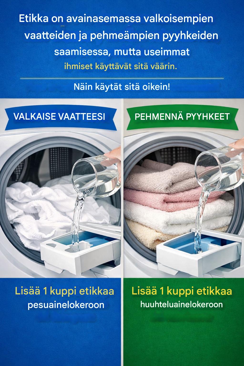 Etikka: Salasi pehmeämpiin pyyhkeisiin, valkoisempaan pyykkiin ja raikkaaseen tuoksuun
