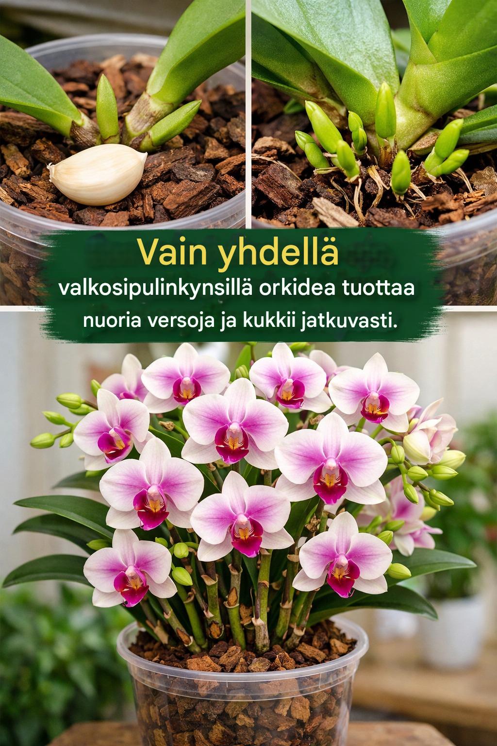 Vain yhdellä valkosipulinkynnellä – orkidea kasvattaa uusia versoja ja kukkii tauotta