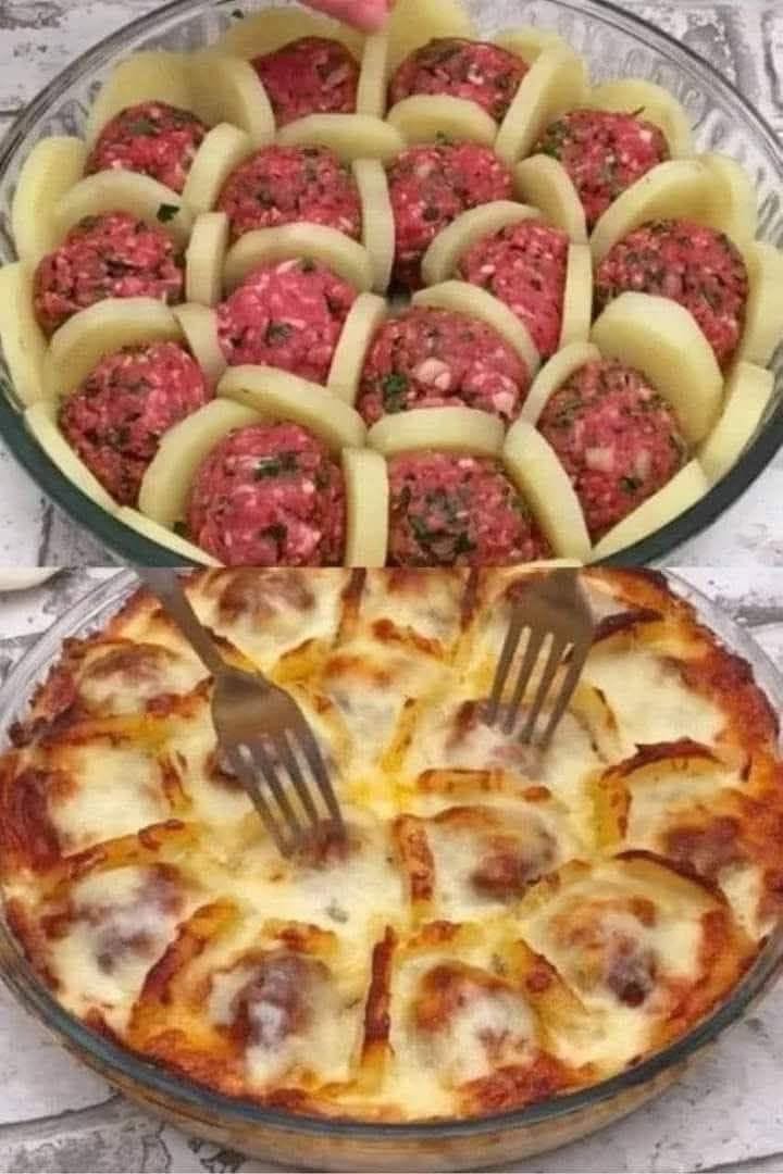 Juustoiset uunissa paistetut lihapullat ja perunat