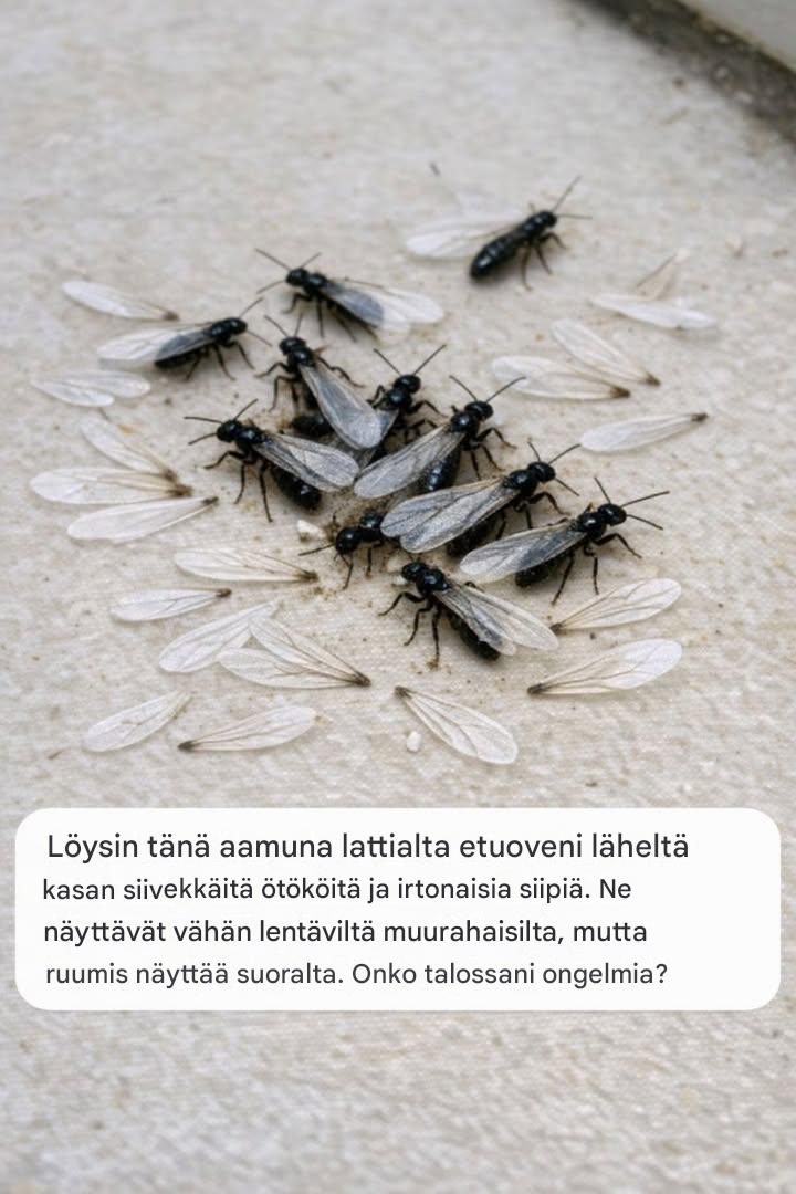 Löysin tänä aamuna lattialta etuoveni läheltä kasan siivekkäitä ötököitä ja irtonaisia ​​siipiä. Ne näyttävät vähän lentäviltä muurahaisilta, mutta ruumis näyttää suoralta. Onko talossani ongelmia?